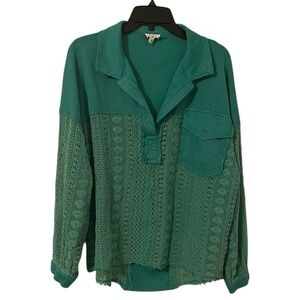 POL Women's Green Boho Lace Crochet Collared Pullover Long Sleeve Tunic Size S